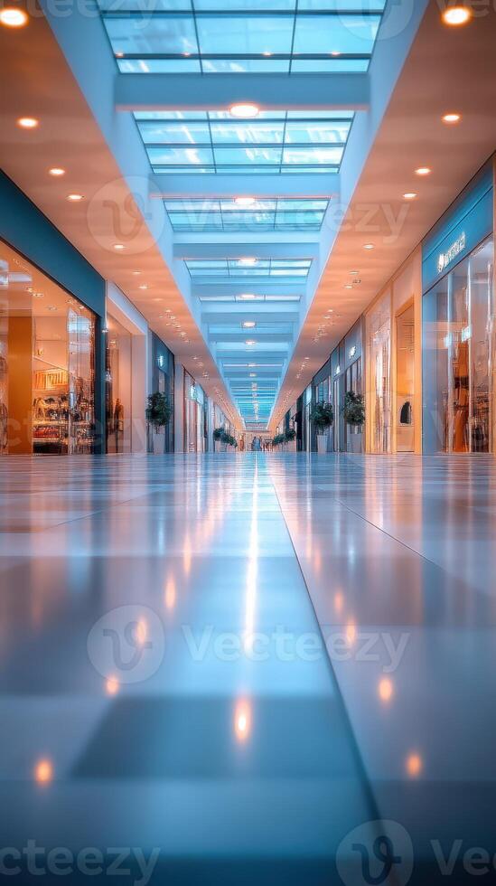 Modern shopping mall hallway with bright lights and skylights during daytime photo