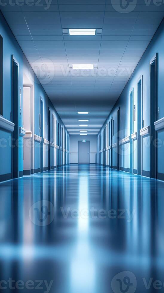 Long, brightly lit hospital corridor with blue walls and shiny floors in a modern medical facility photo
