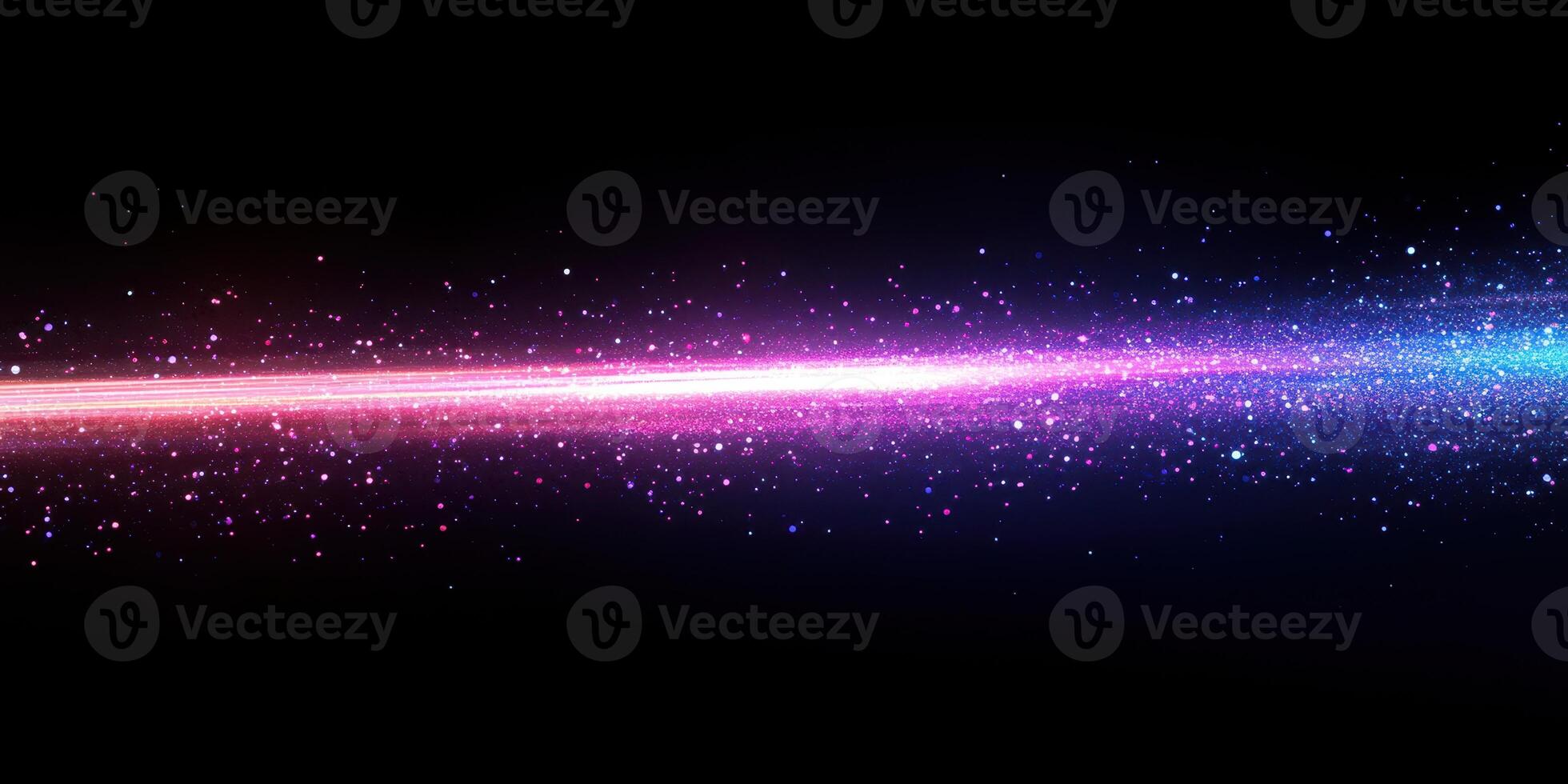 Colorful light streak with stars in a dark space background depicting cosmic energy and motion photo
