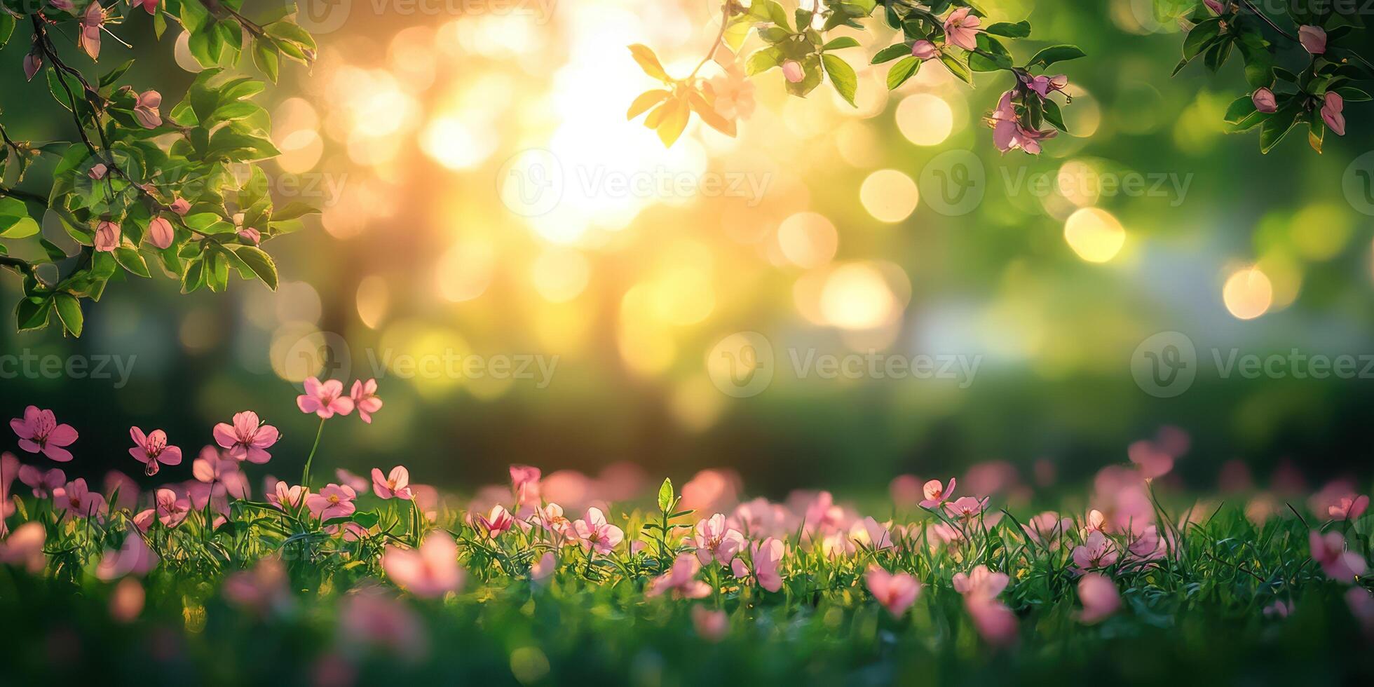 Bright sunlight filters through leaves illuminating a field of pink flowers in a serene garden during springtime photo