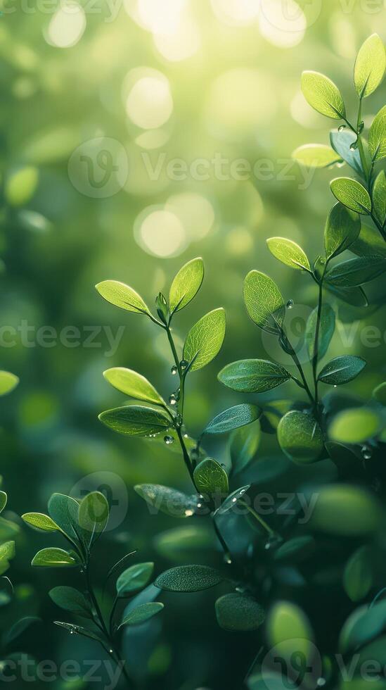Lush green leaves glistening in soft sunlight create a tranquil atmosphere in a serene garden setting photo
