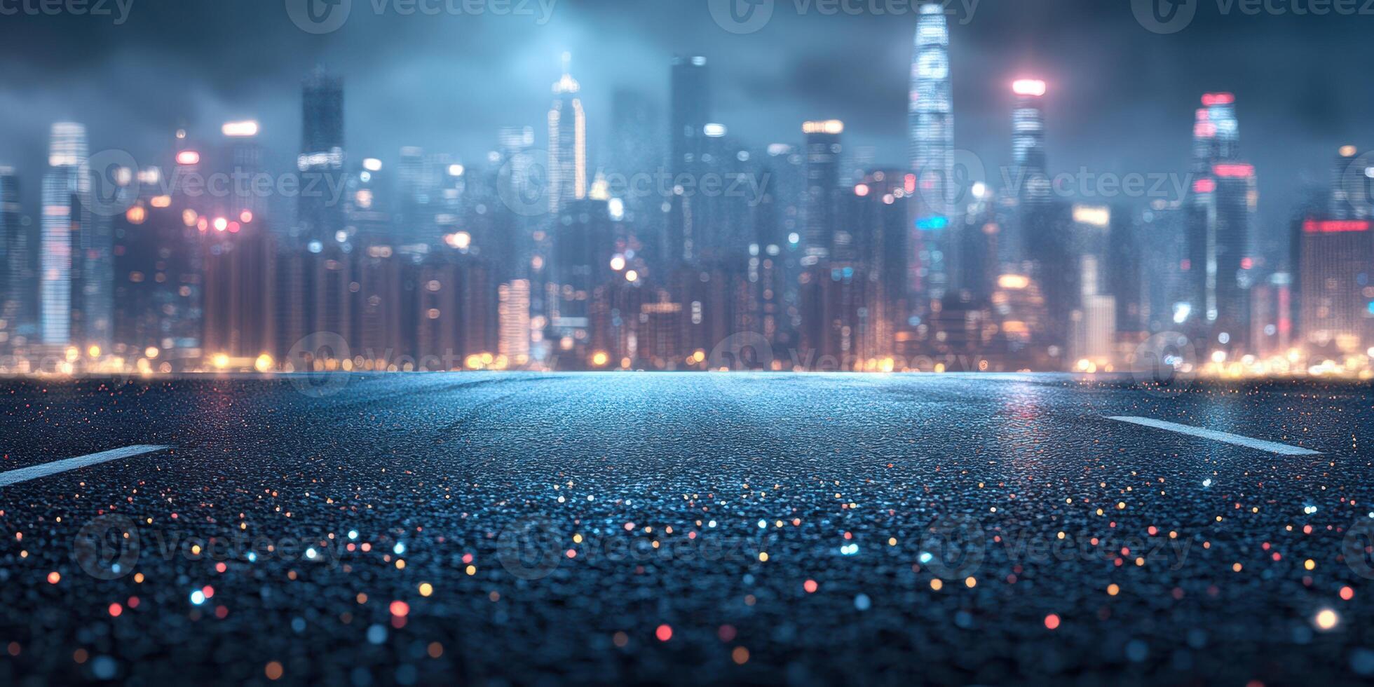 Night city skyline illuminated by bright lights and reflections on a wet road during a foggy evening photo