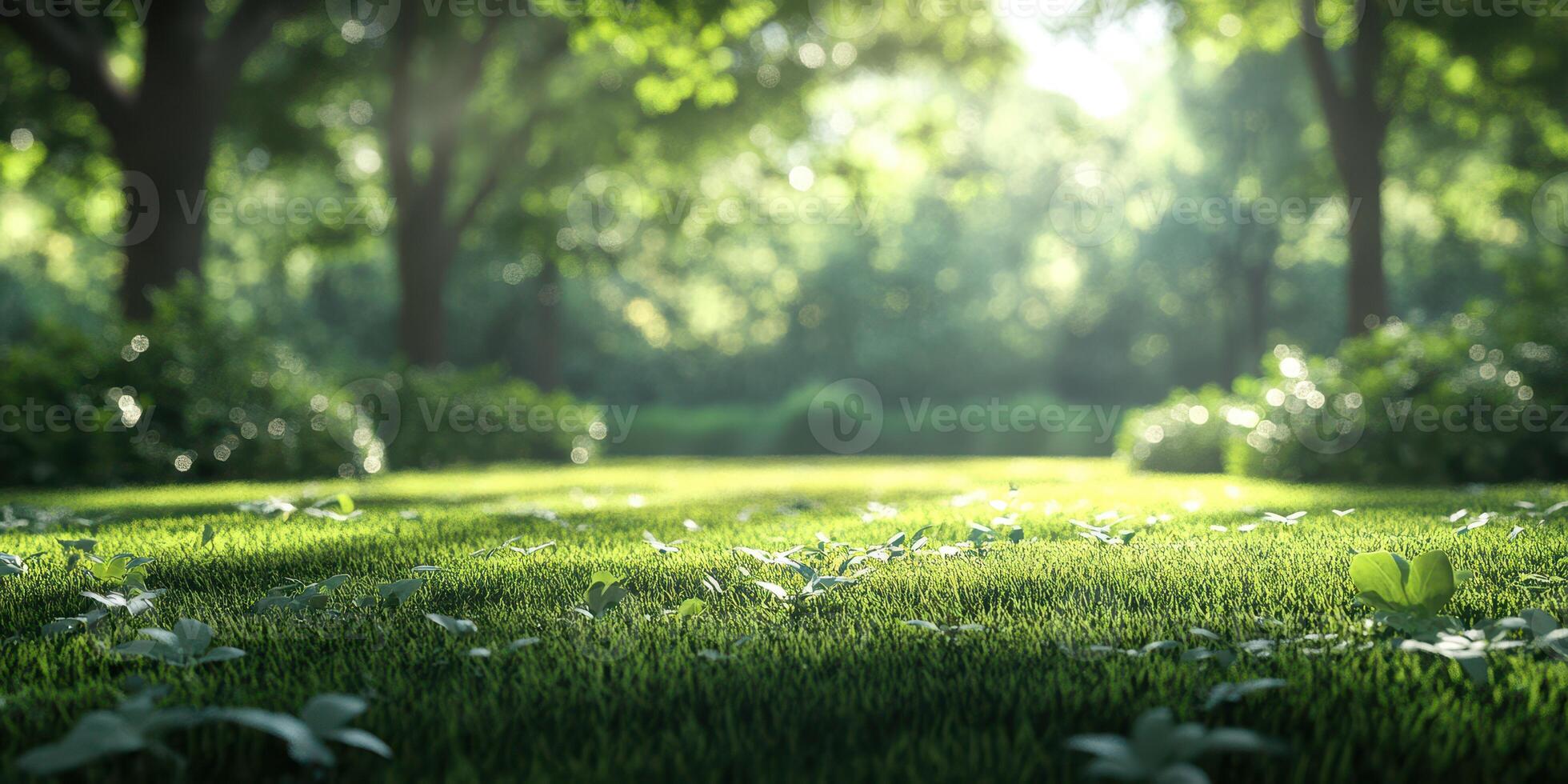 Lush green grass illuminated by soft sunlight filtering through trees in a tranquil park setting photo