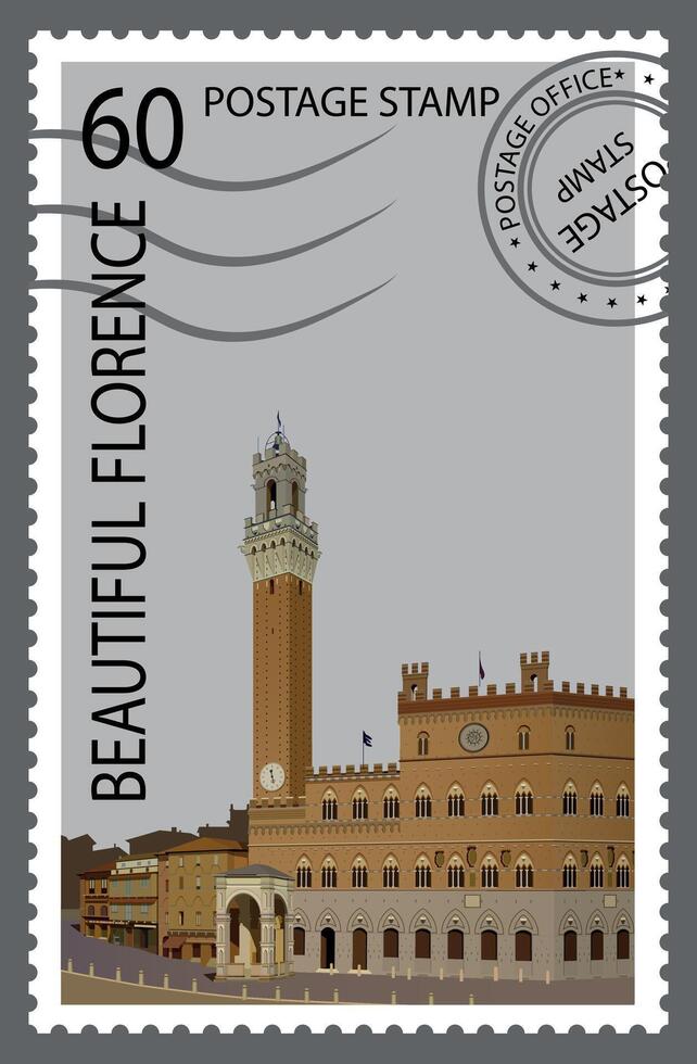 Postage stamp with medieval architecture of Italy. . vector