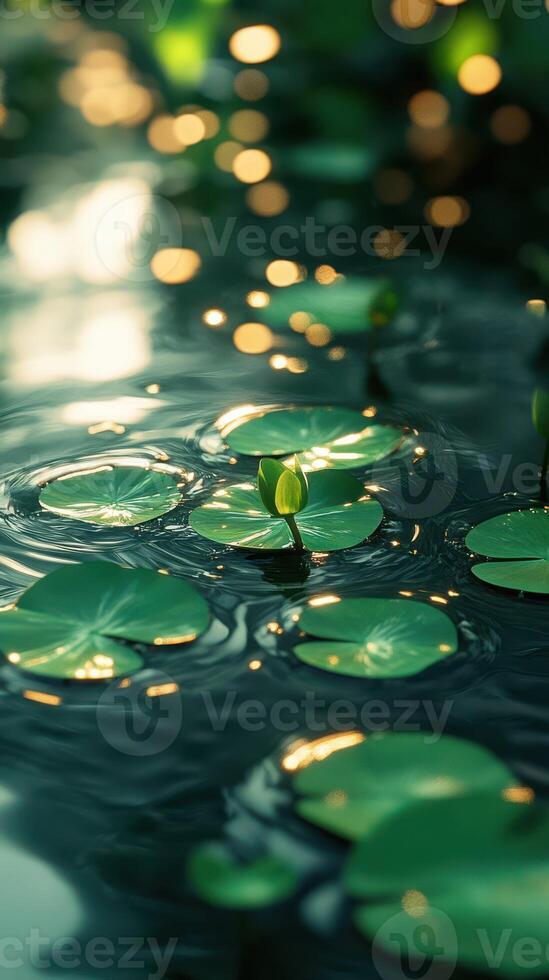 Floating water lilies shimmer under soft sunlight in a tranquil pond during the afternoon hours photo