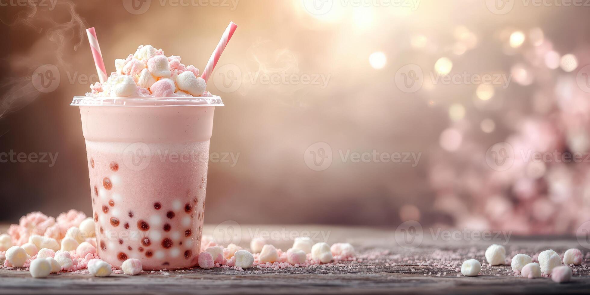 Refreshing pink bubble tea topped with marshmallows served in a clear cup on a wooden table photo