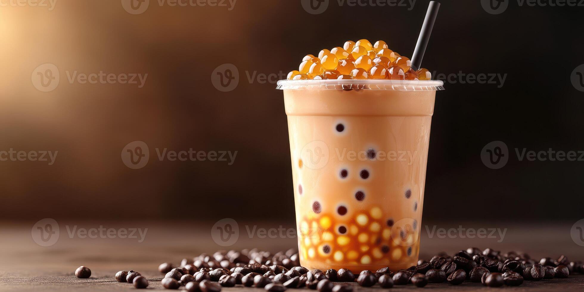 Cold beverage with tapioca pearls and coffee beans captured in soft lighting at a cafe setting photo