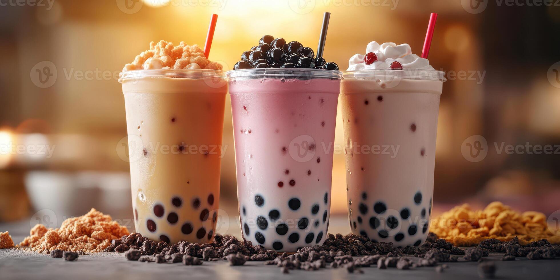 Delicious bubble teas with vibrant toppings served in a cozy cafe setting during a lively afternoon photo