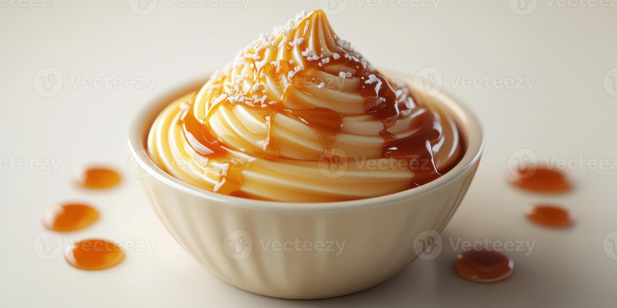 Delicious frozen dessert topped with sweet caramel sauce and sprinkled with fine coconut flakes photo