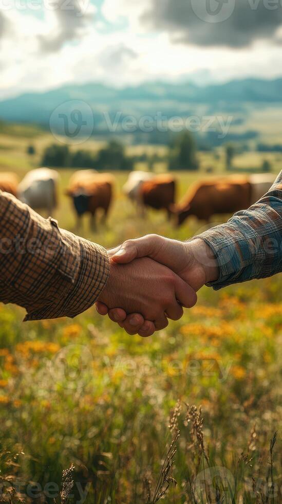 Farmers shake hands to celebrate a successful partnership in a vibrant pasture surrounded by grazing cattle photo