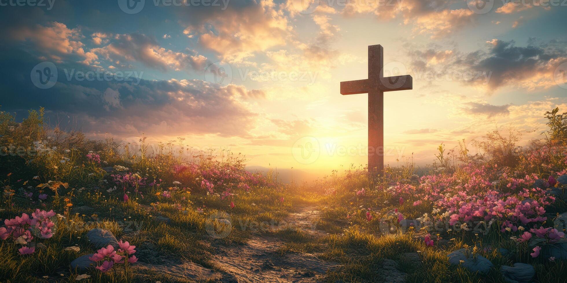 Cross in a flower-filled meadow at sunrise under a beautiful sky with colorful clouds photo