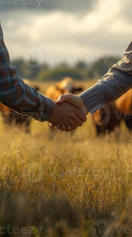 Farmers shake hands over successful deal in a golden field at sunset with cattle in the background photo