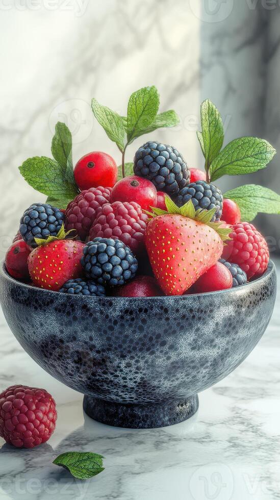 Freshly picked berries in a decorative bowl on a marble surface with leafy accents photo