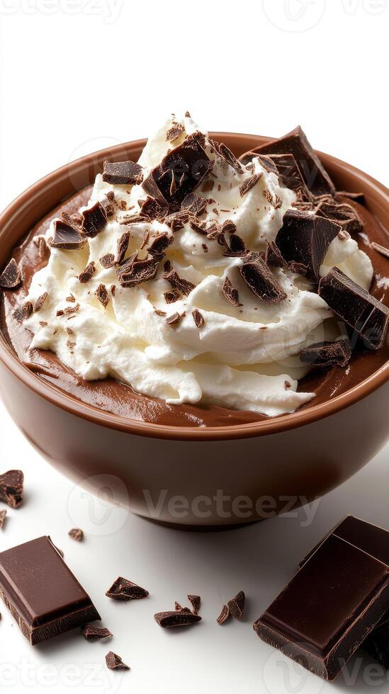 Rich chocolate mousse topped with whipped cream and shaved chocolate in a brown bowl on a light background photo