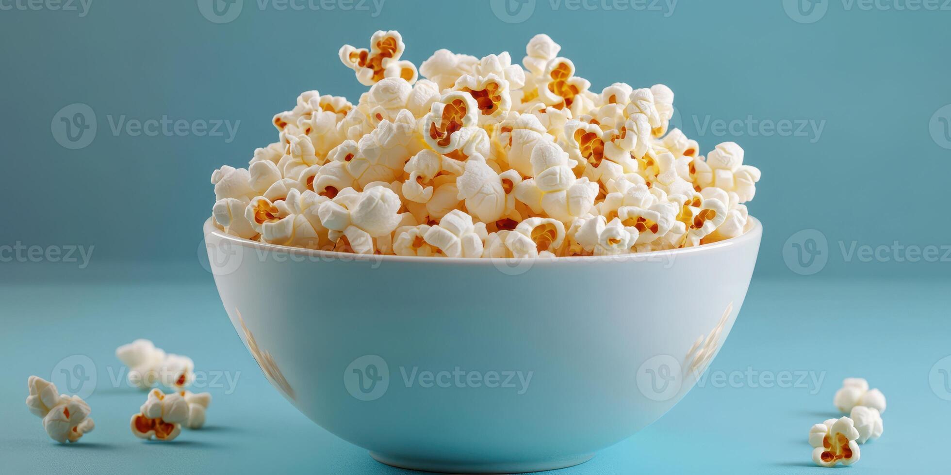 Freshly popped popcorn in a white bowl on a blue background ready for snacking during movie night photo