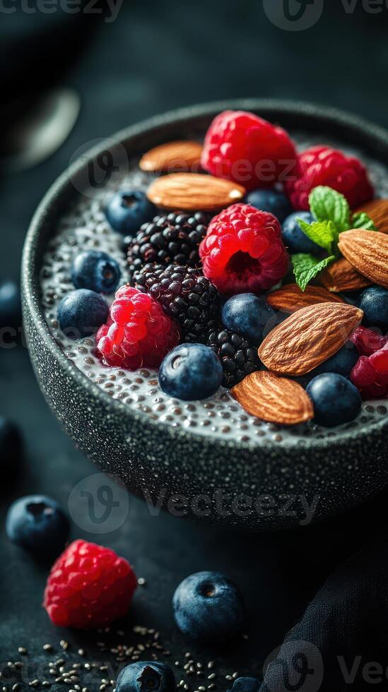 Delicious chia seed pudding topped with fresh berries and almonds in a dark setting photo