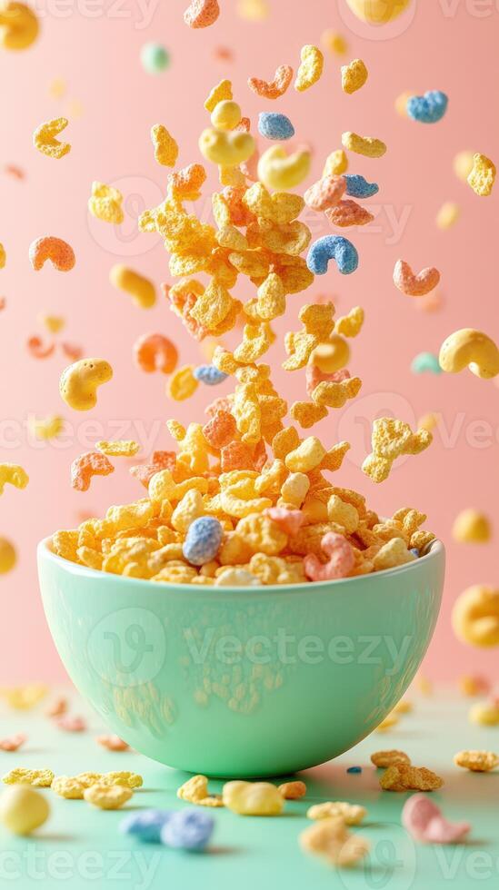 Colorful cereal pieces cascade into a turquoise bowl against a pastel backdrop photo