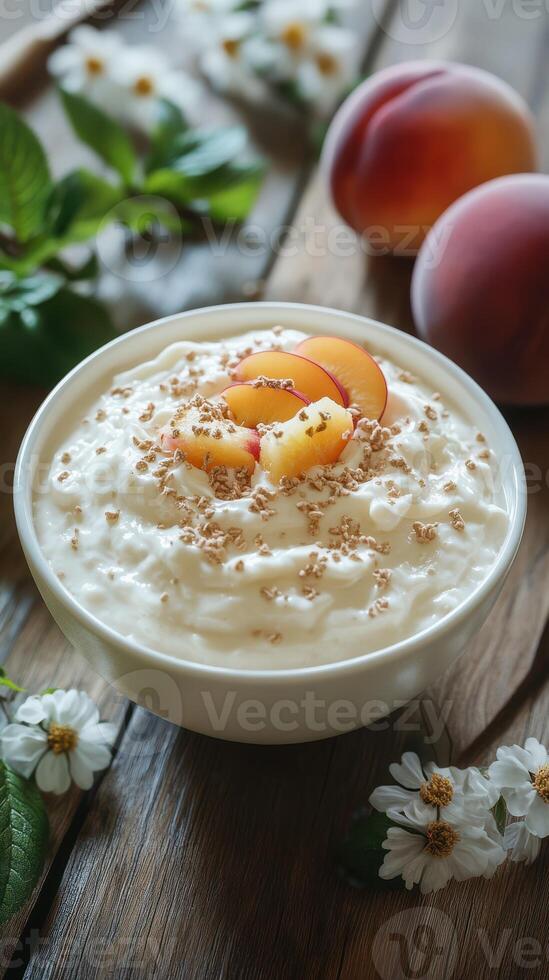 Creamy yogurt bowl topped with fresh peaches and crunchy granola in a rustic setting photo