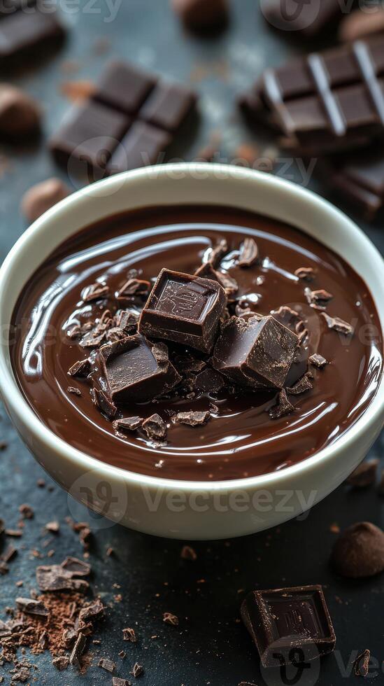 Rich dark chocolate melting in a bowl surrounded by chocolate pieces on a dark backdrop photo