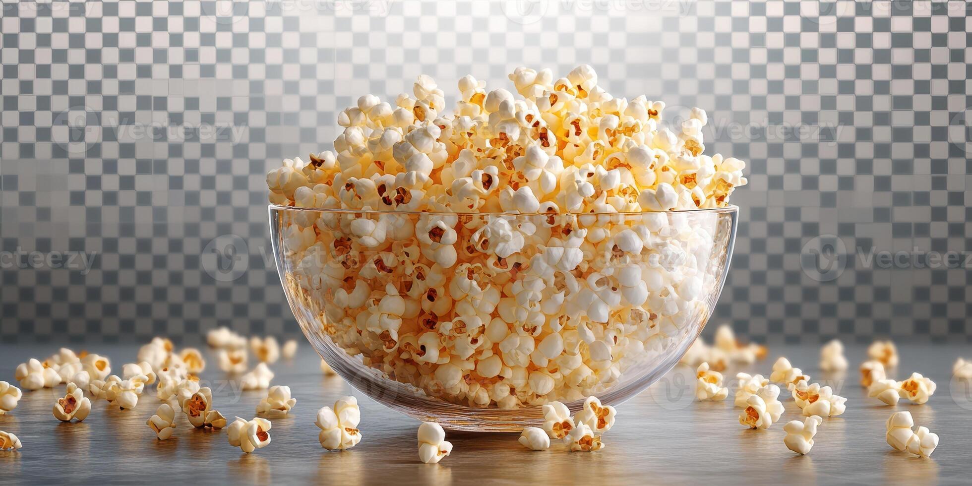 Freshly popped popcorn in a clear bowl with scattered kernels on a textured surface photo