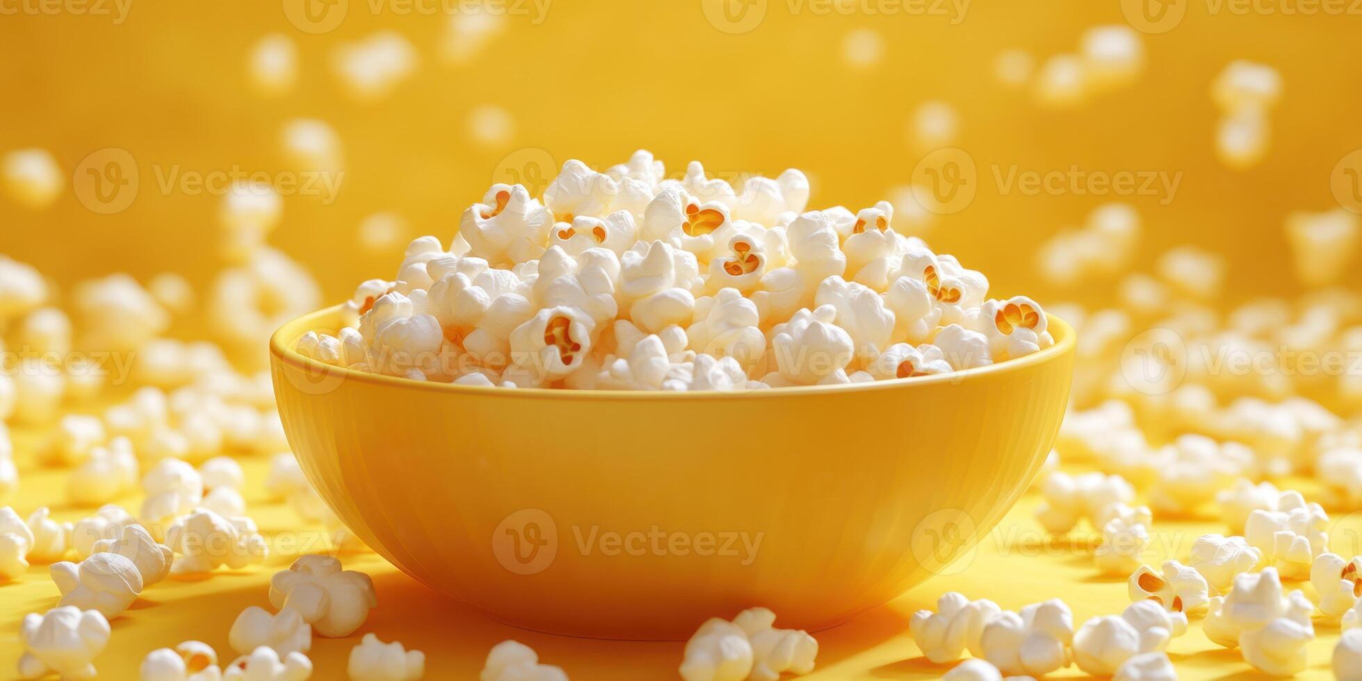 Freshly popped popcorn in a bright yellow bowl against a vibrant yellow background creates a cheerful snack setting at a movie night photo