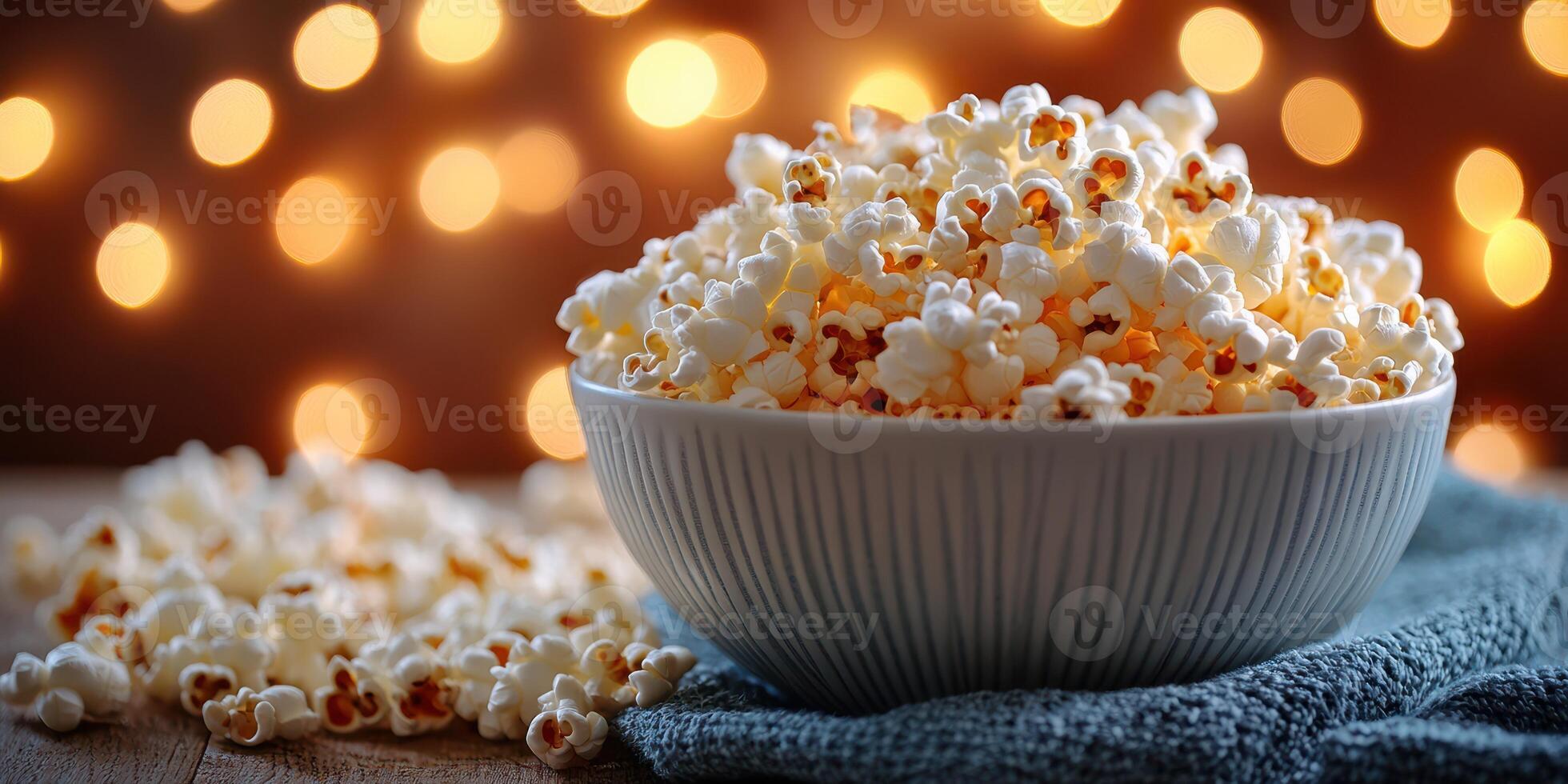 Bowl filled with freshly popped popcorn against a blurred warm light background creating a cozy atmosphere for movie night photo