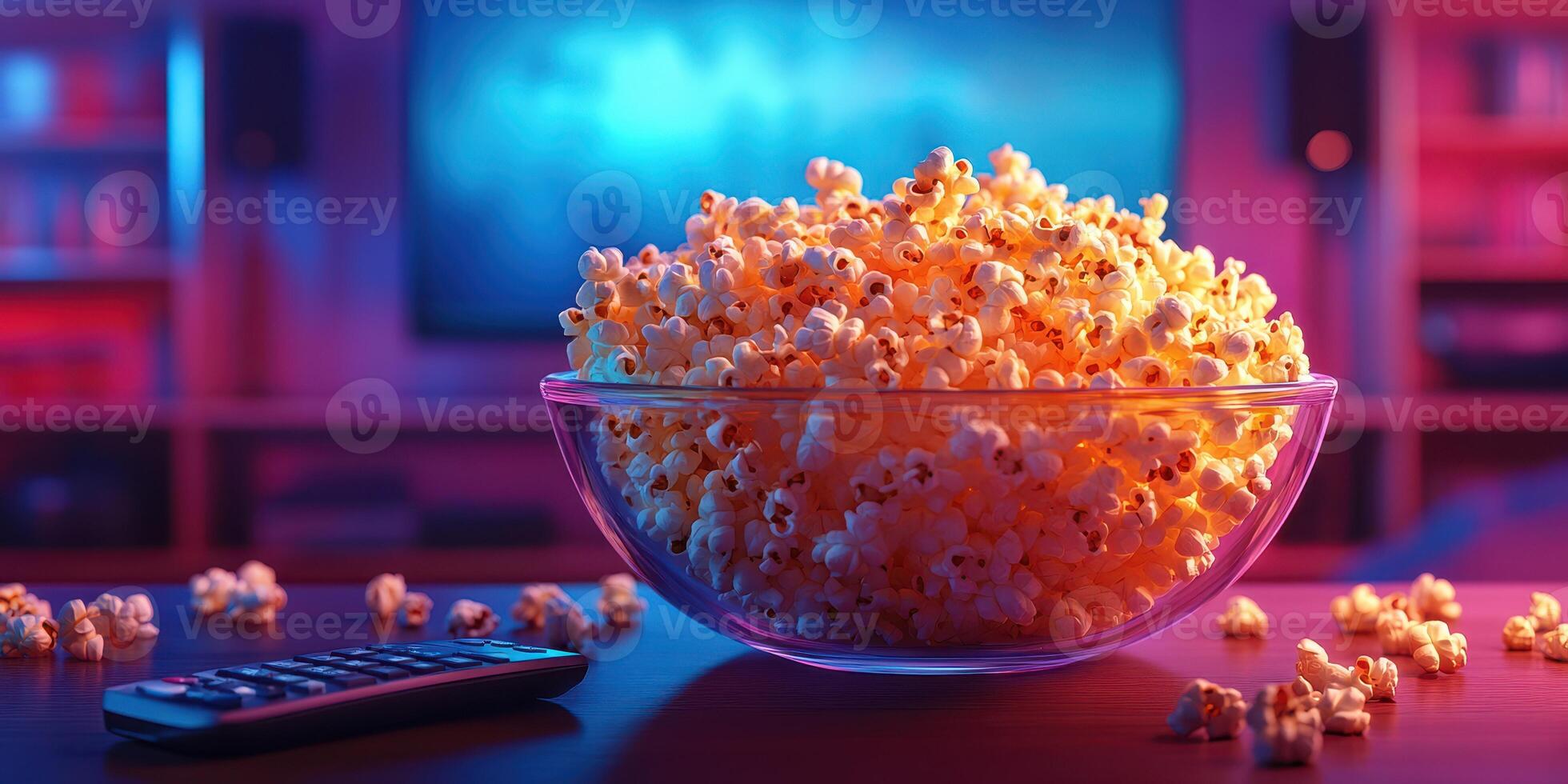 Enjoying popcorn while watching a movie in a cozy dimly lit living room with a colorful ambiance setup photo
