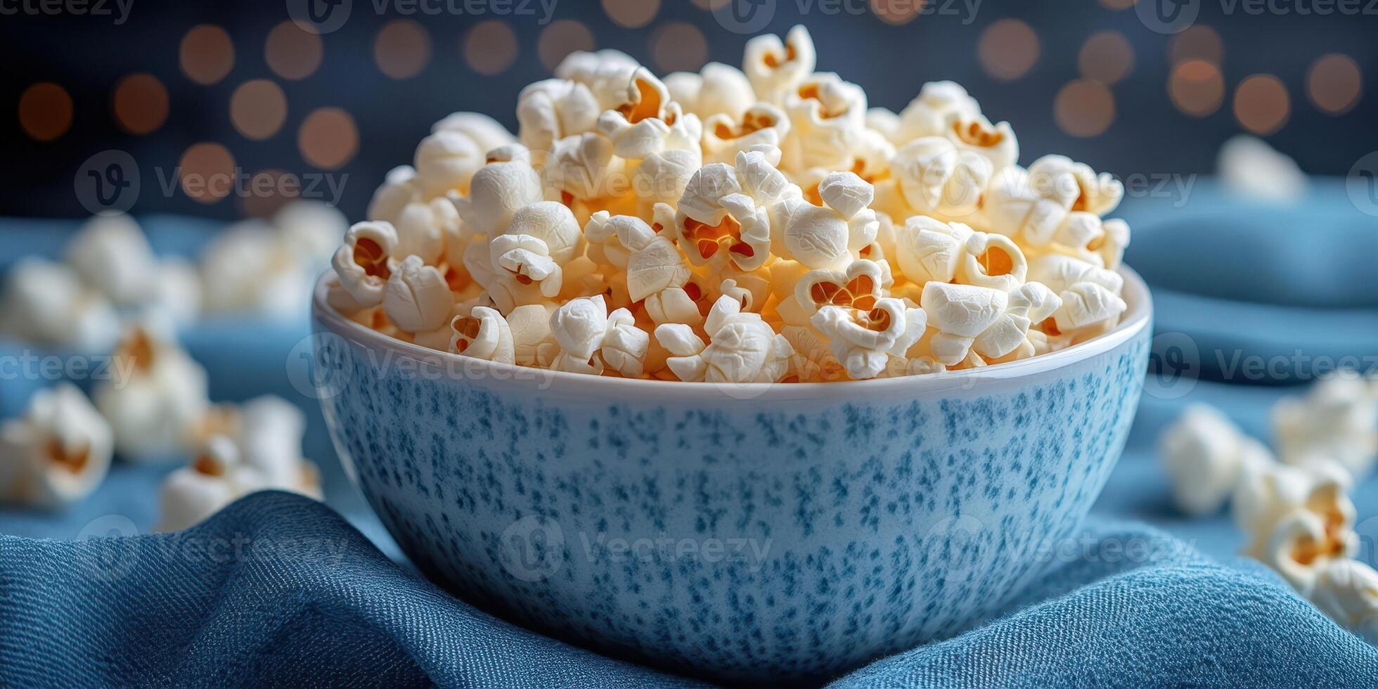 Freshly popped popcorn in a decorative bowl on a blue table setting with twinkling lights in the background photo