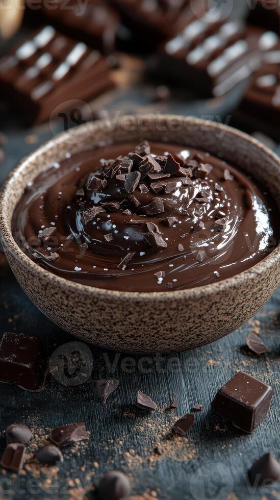 Rich chocolate mousse topped with dark chocolate shavings in a rustic bowl on a wooden surface at a dessert setting photo