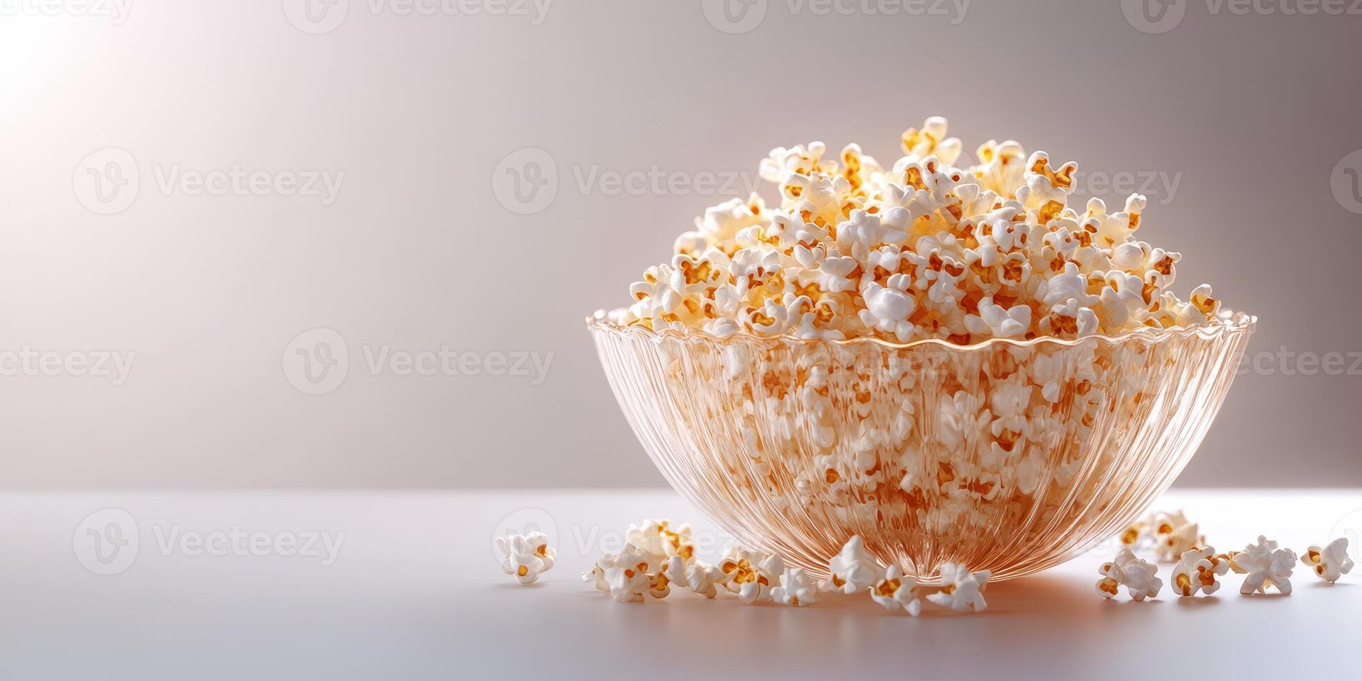 Bowl of freshly popped popcorn on a smooth surface with scattered kernels in bright light photo