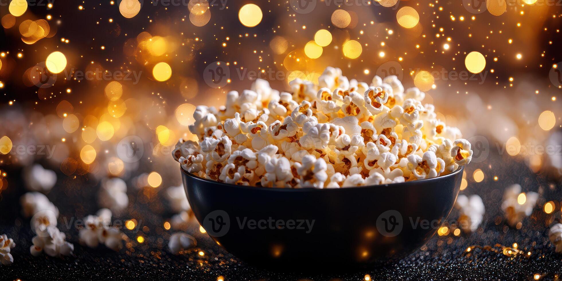 Popcorn in a black bowl with sparkling golden bokeh background during a cozy movie night at home photo
