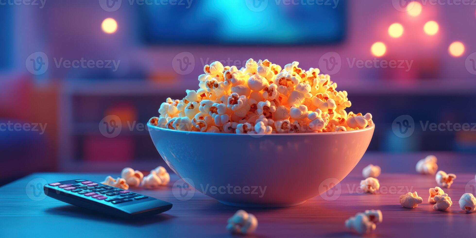 Bowl of popcorn on a table ready for movie night with a remote control nearby in a cozy living room setting photo