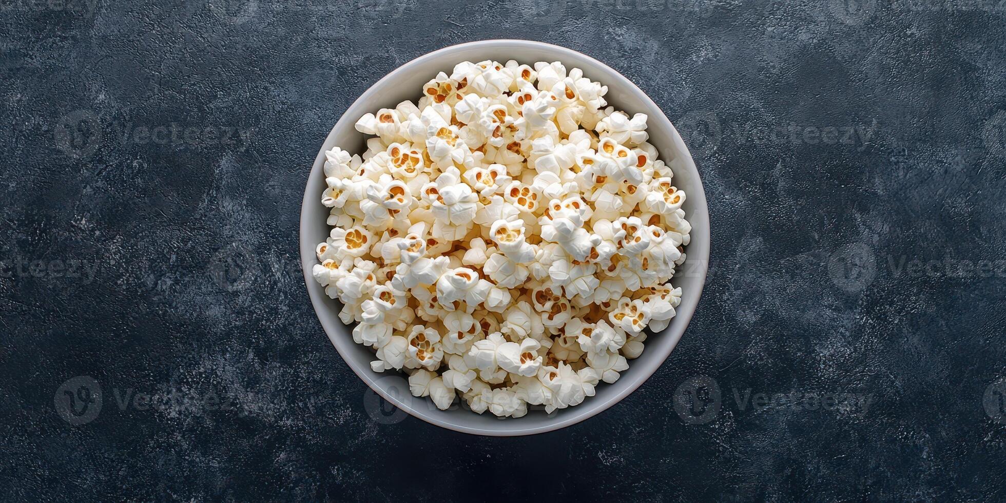 Large bowl filled with freshly popped popcorn sitting on a textured dark surface photo