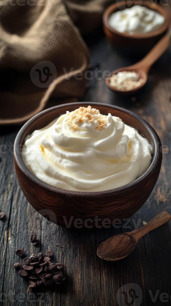 Whipped cream topped with coconut flakes in a rustic wooden bowl with coffee beans and spoons in a cozy kitchen setting photo