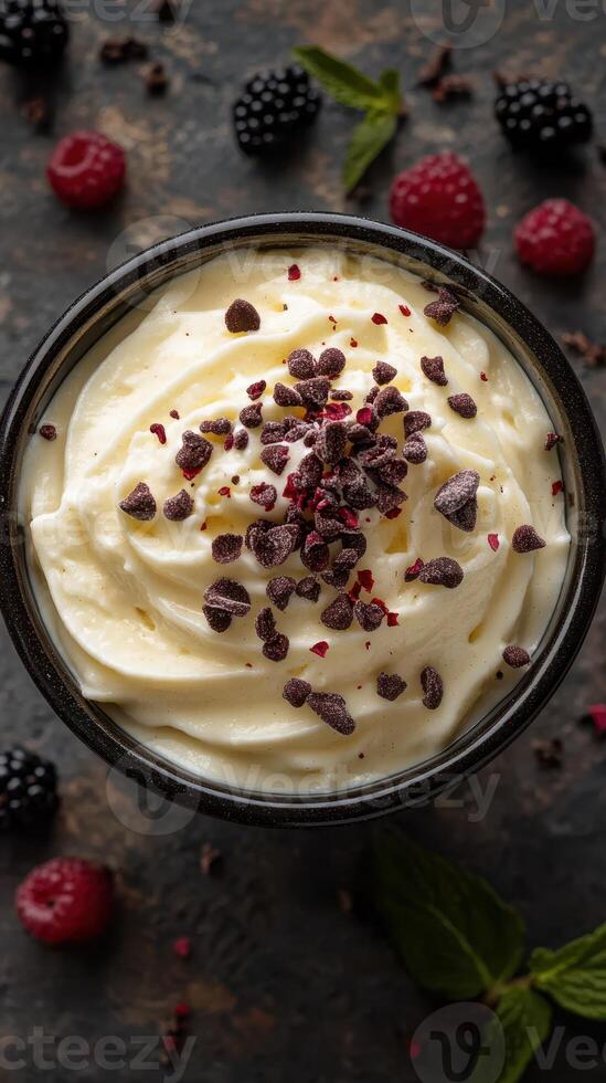 Creamy dessert topped with chocolate sprinkles, berries, and mint on a rustic surface photo
