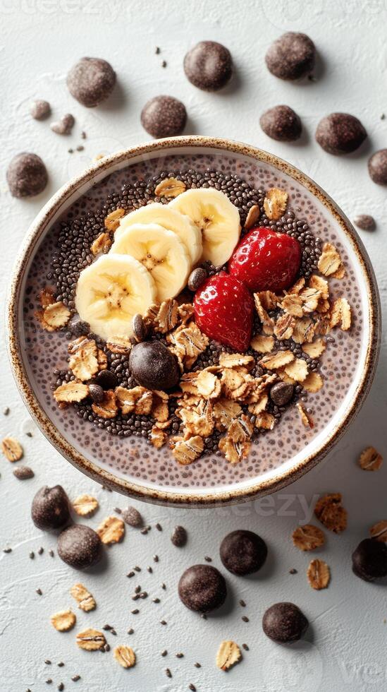 Delicious breakfast bowl with chia seeds, banana slices, strawberries, and granola on a light surface photo