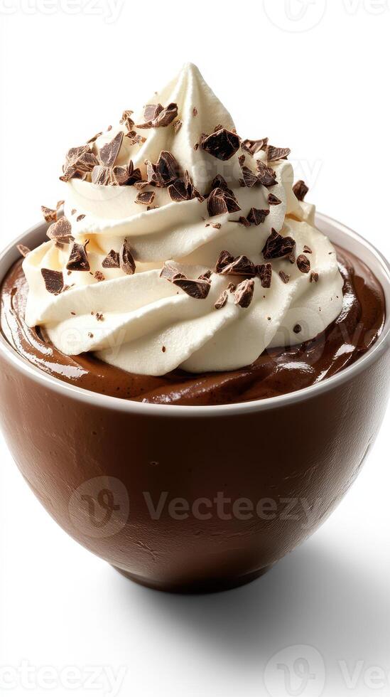 Decadent chocolate mousse topped with whipped cream and chocolate shavings served in a brown bowl photo