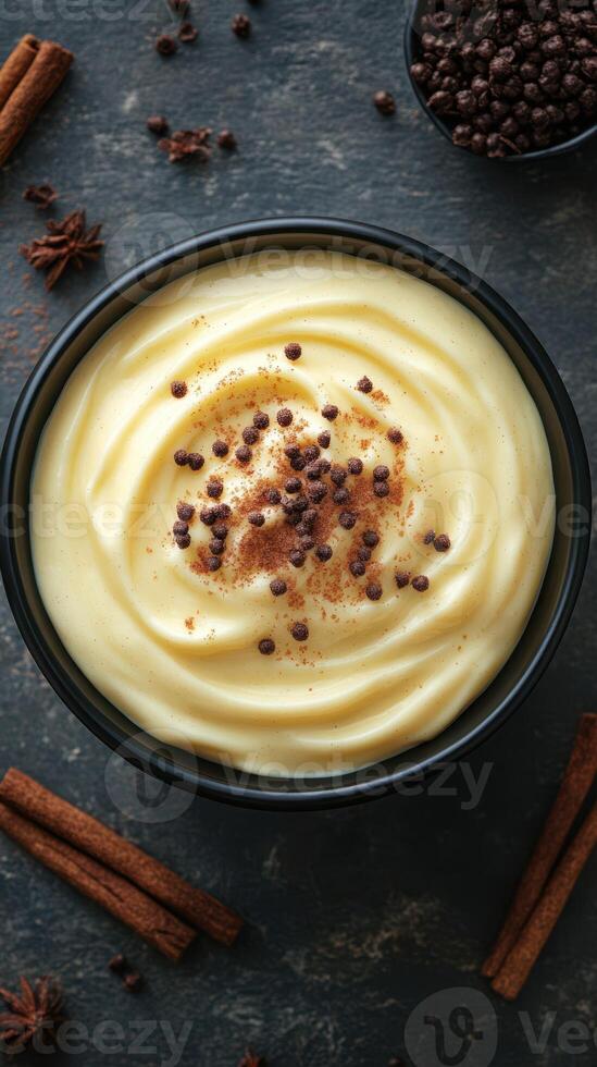 Creamy dessert topped with chocolate sprinkles and spices on a dark stone surface photo