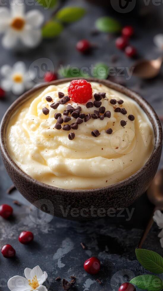 Delicious creamy dessert topped with chocolate chips and a raspberry, beautifully presented on a dark textured surface photo