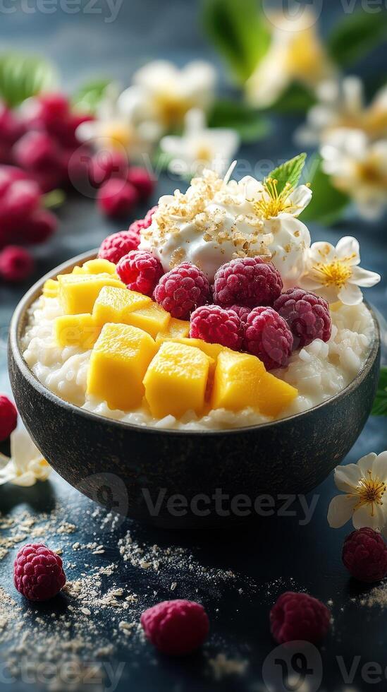 Colorful bowl of coconut rice topped with fresh mango, raspberries, and edible flowers displayed on a dark table photo