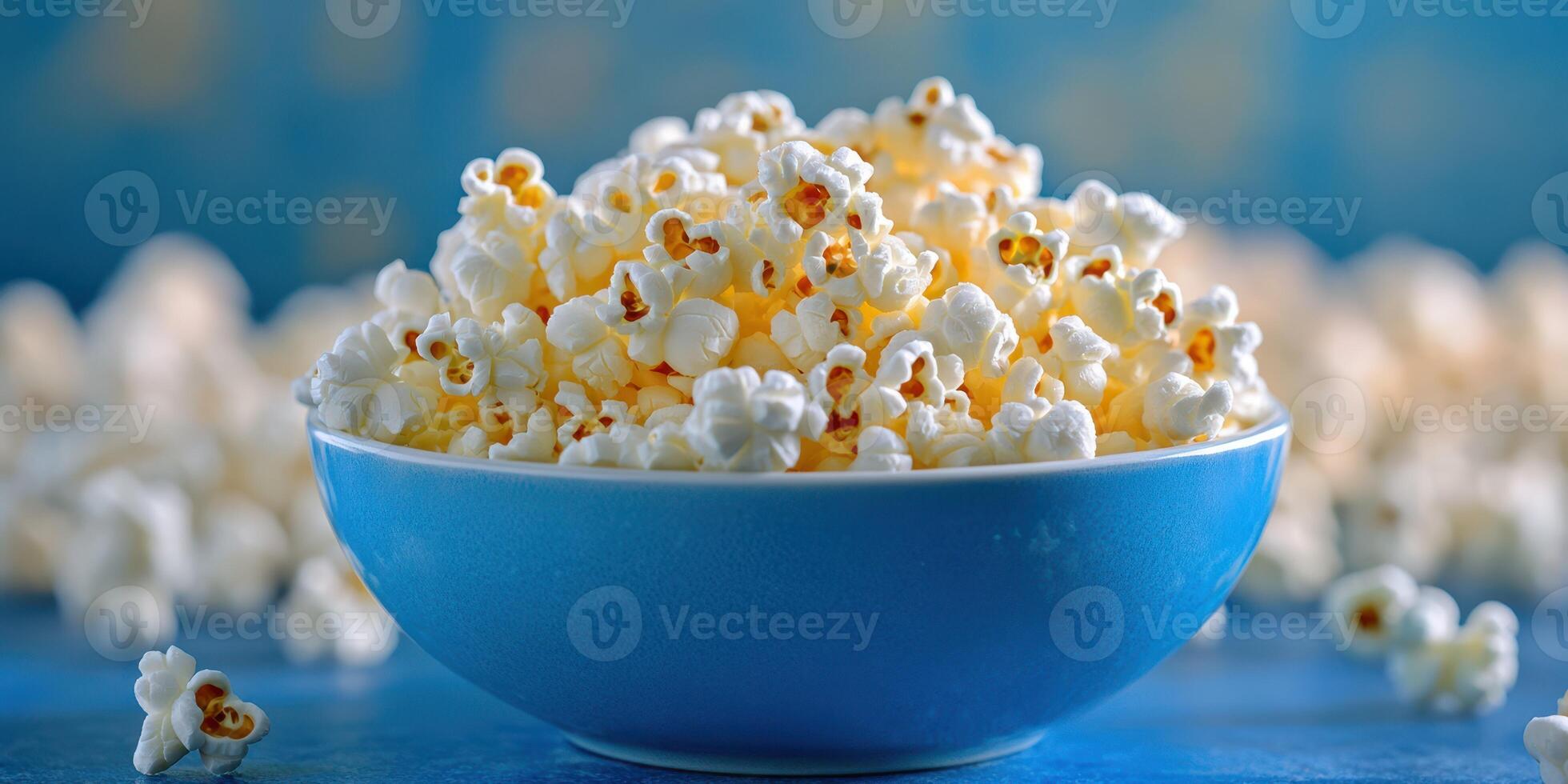 Tasty bowl of freshly popped popcorn on a blue background with scattered popcorn kernels nearby photo