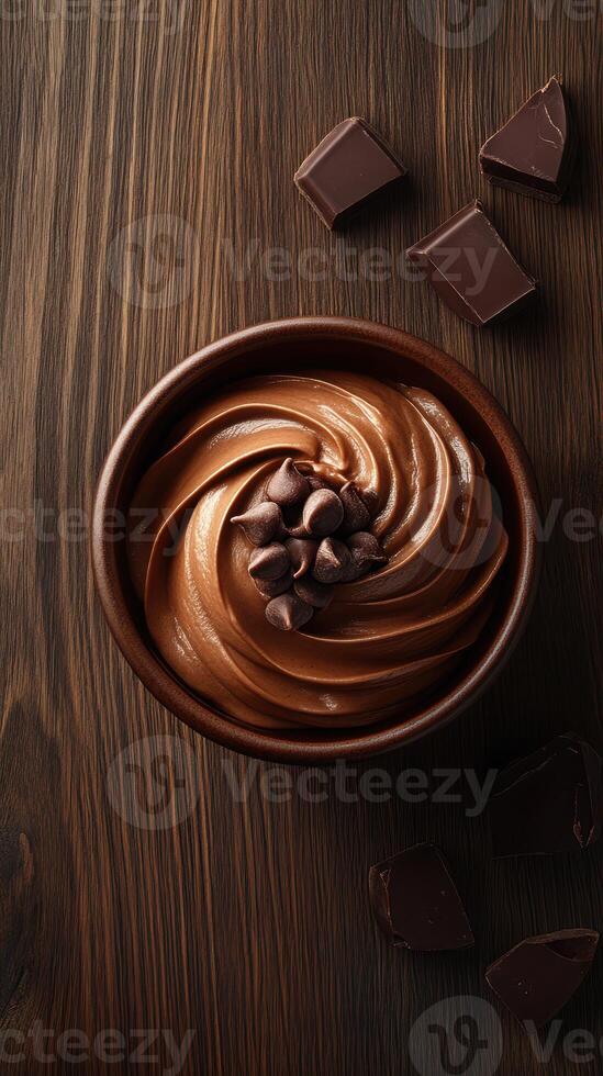 Creamy chocolate mousse garnished with chocolate chips served in a rustic bowl on a wooden surface photo