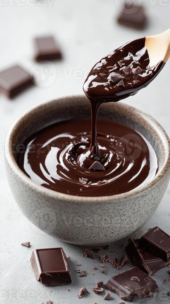 Rich melted chocolate being poured from a wooden spoon into a textured gray bowl on a light surface photo