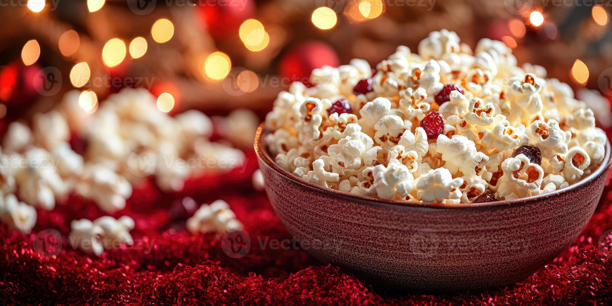 Festive popcorn bowl on a red tablecloth with sparkling holiday lights in the background photo