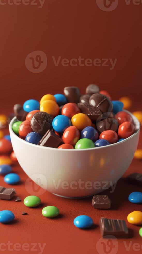 Colorful chocolates and candies filling a white bowl on a brown surface in a whimsical arrangement photo