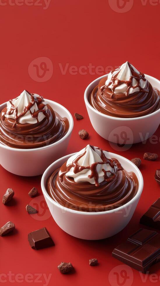 Delicious chocolate mousse topped with whipped cream and chocolate sauce on a vibrant red background photo