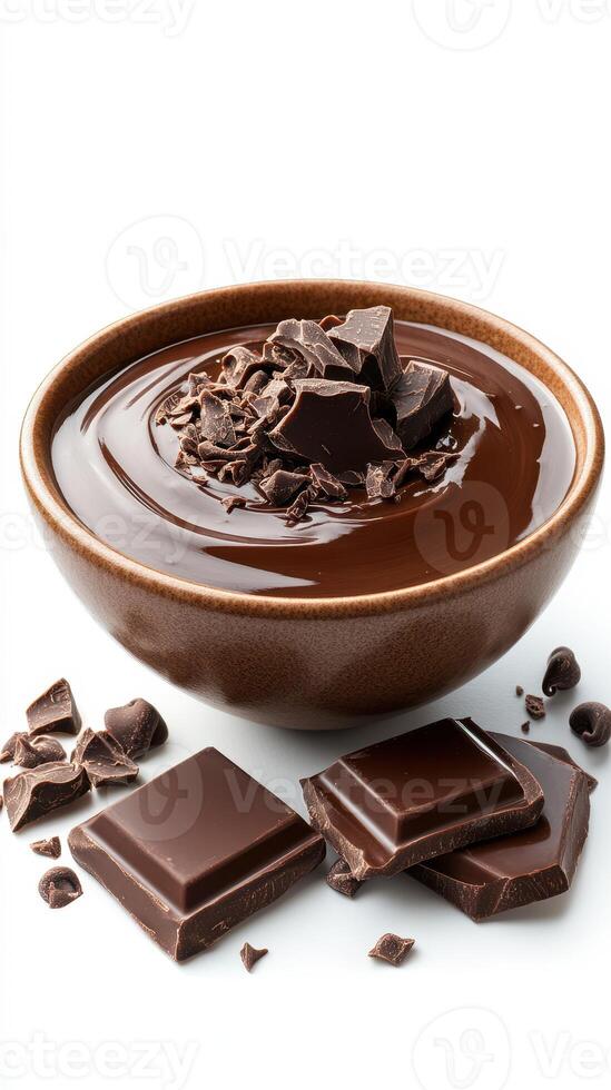 Rich chocolate melting in a bowl with chunks and shavings on top, perfect for dessert preparation or topping photo