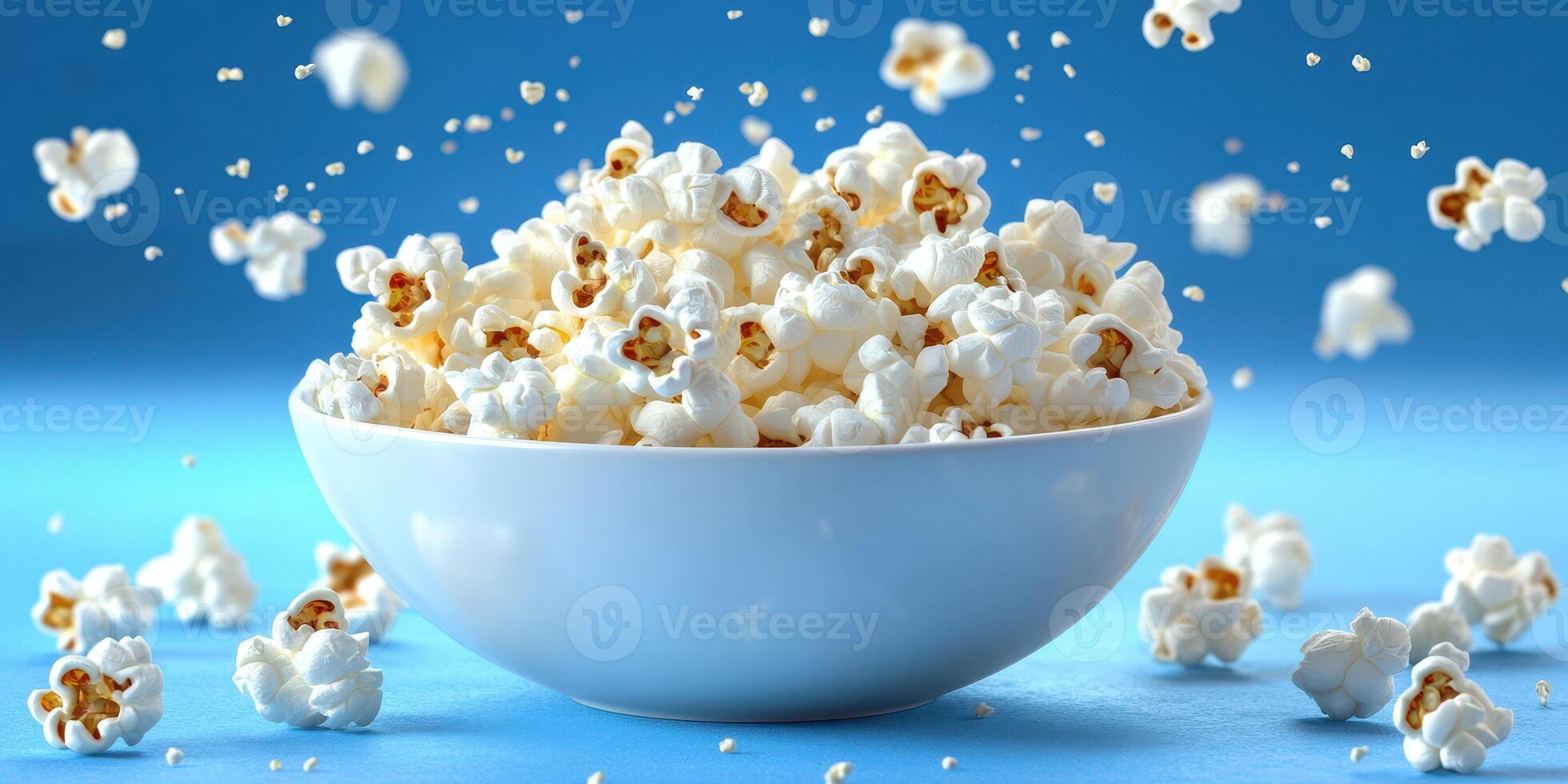 Freshly popped popcorn fills a bowl against a blue background, showcasing its fluffy texture and lightness in a playful arrangement photo