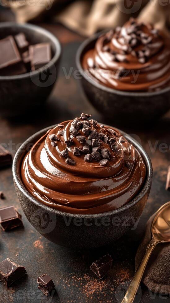 Rich chocolate mousse served in black bowls with chocolate shavings on top against a dark background photo