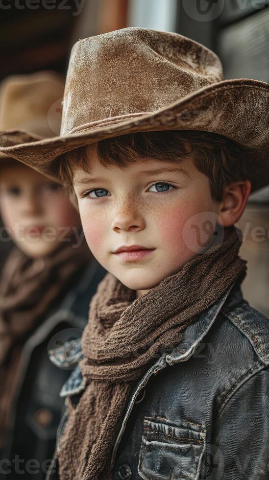 Young cowboys in rustic attire display determination and confidence during a western-themed event in the countryside photo